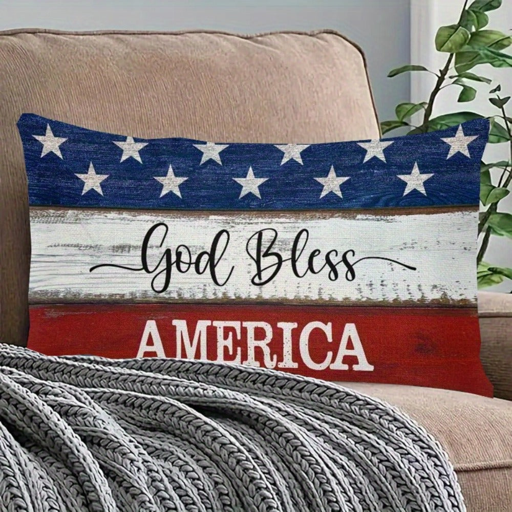 4th of July Throw Pillow Cover 12x20 Inch, God Bless America Patriotic Red White Blue Linen Cushion Case Star Pattern Distressed Wood, Boho Home Decor for Independence Day Memorial Day