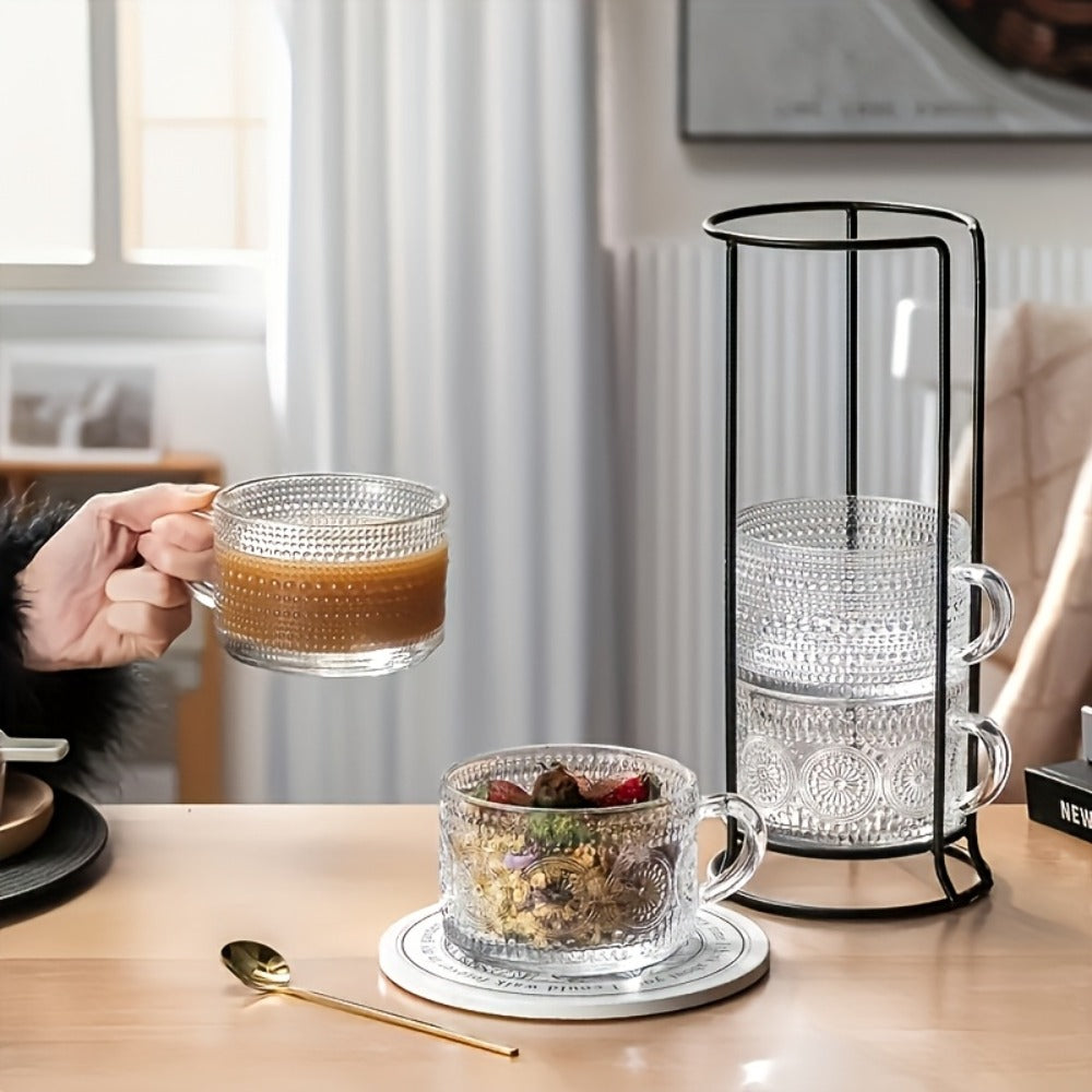 Glass Coffee Cups Set of 4 with Bamboo Lids and Spoons 450ml Vintage Embossed Iced Coffee Glasses for Cappuccino Latte Overnight Oats