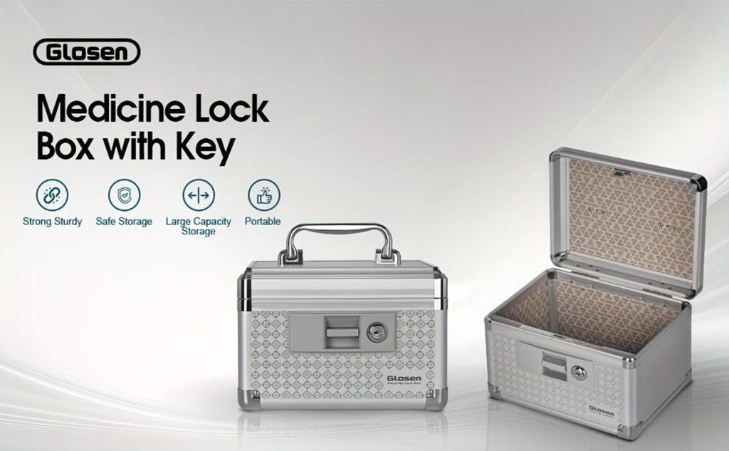 Locking Medicine Storage Box Aluminum Alloy with Key Lock & Handle ¨C High-Capacity Family Medicine Organizer, First Aid Lockbox for Home, Travel & Office, Small & Medium