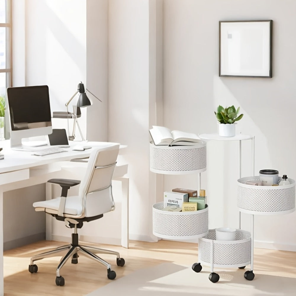 Rotating Storage Rack Multi-Tier Rolling Cart ¨C 360¡ã Swivel Round Floor Standing Organizer with 4 or 5 Layers, Vegetable Basket & File Rack for Kitchen, Bathroom, Office & Living Room (Black / White)
