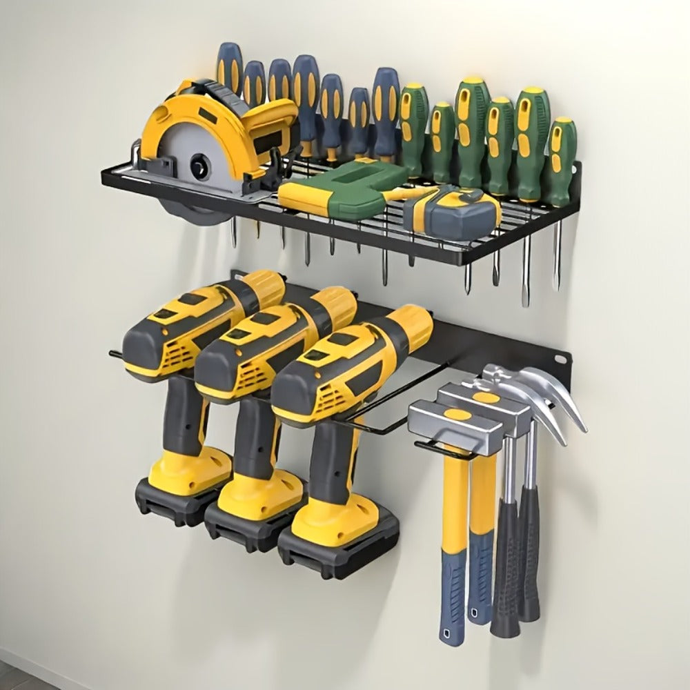 Wall Tool Storage Rack Heavy Duty Metal Organizer - 4 Layer Cordless Drill Holder Clamp Bracket Workbench Wall Mount Space Saving Workshop Garage Storage