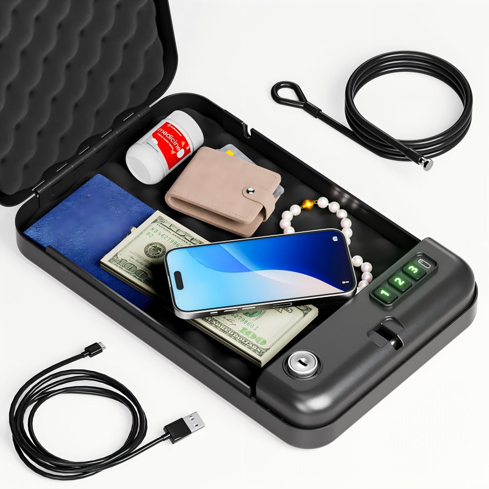 Gun Safe - Portable Pistol Safe Box with Electronic Password & Key Access, USB-C Powered, Silent Mode, Compact Security Lock Box for Home, Car, Travel, Office & Dorm