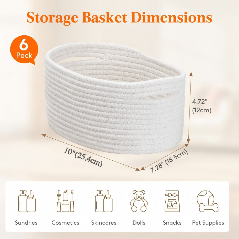 Woven Storage Baskets 6-Pack Cotton Rope Cube Bins 11x7x5¡± | Handmade Small Shelf Baskets for Organizing Closet Bedroom Living Room Playroom | Round Decorative Storage Caddy Multiple Colors