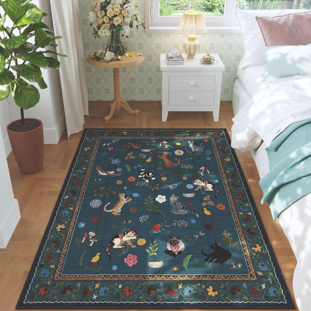 Boho Cat Floral Area Rug ¨C Vintage Blue Animal Print Low Pile Carpet, Non-Slip Soft Rug for Living Room, Bedroom & Dining Room, Round & Runner Sizes, Easy Clean
