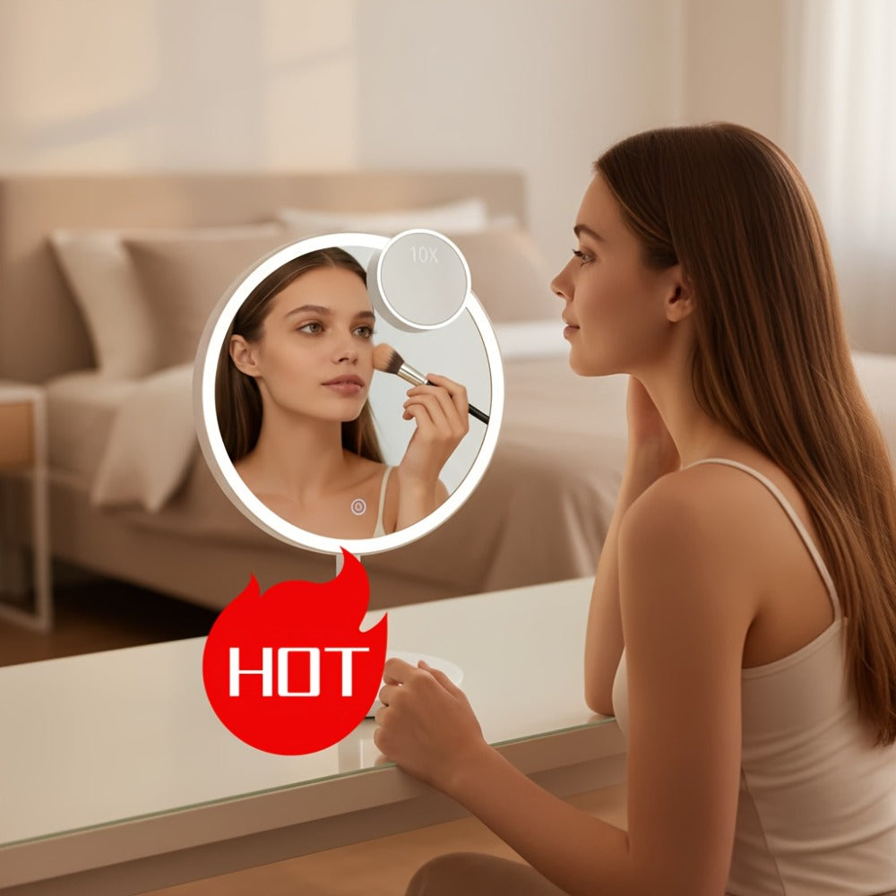 LED Makeup Mirror with Lights & 10X Magnification - Touch Dimming Desktop Vanity Mirror, Adjustable Brightness, Portable Handheld Design for Bathroom, Bedroom & Office, Ideal Gift for Women