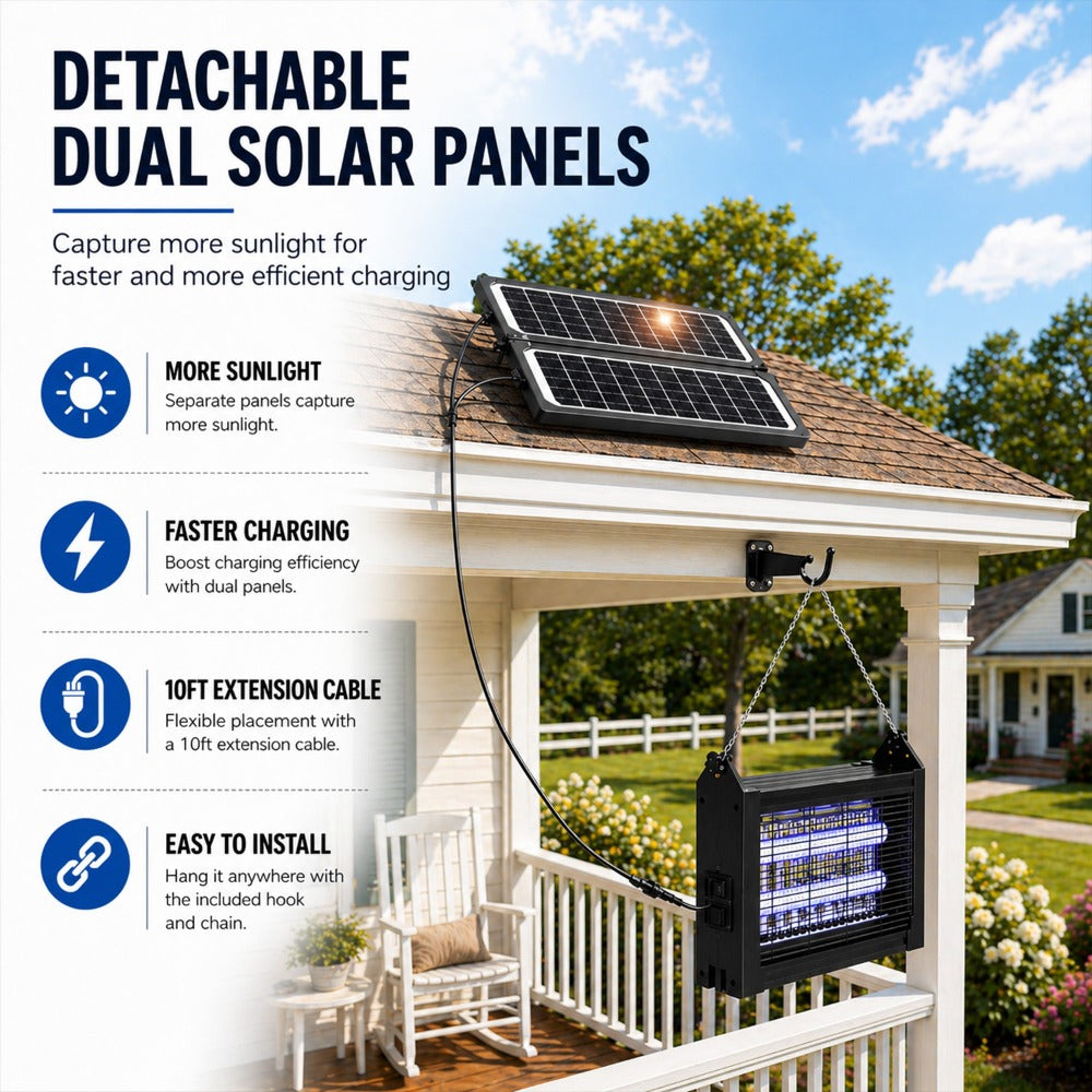 Solar Bug Zapper Outdoor ¨C 4500V Electric Mosquito Killer with Dual Solar Panels & USB Charging, Auto On/Off Light Sensor, IPX4 Waterproof Insect Trap for Patio, Backyard, Garden & Camping