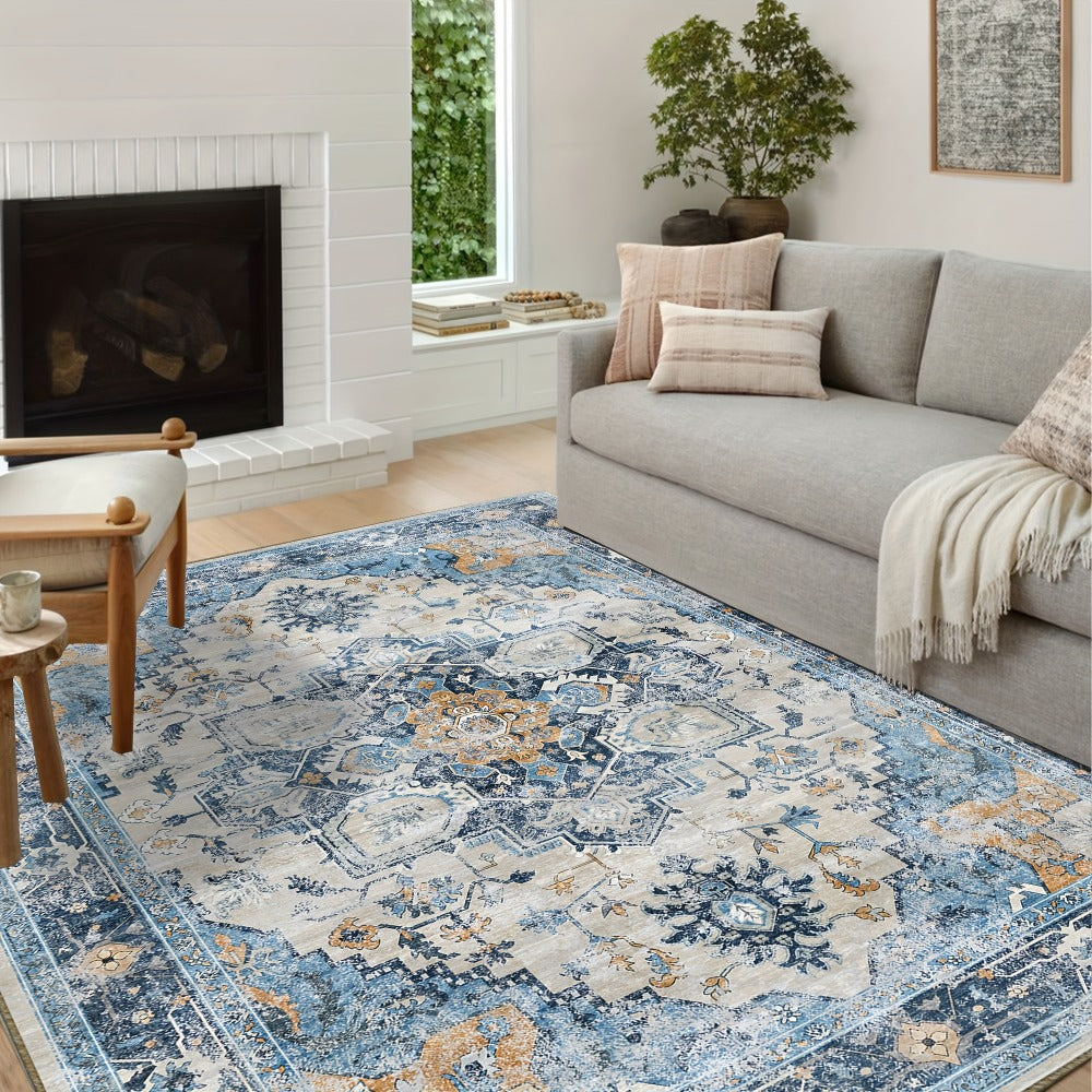 Moroccan Boho Area Rug Machine Washable Low Pile Soft Indoor Carpet for Living Room Bedroom Office Neutral Blue Brown Red Multi-Size