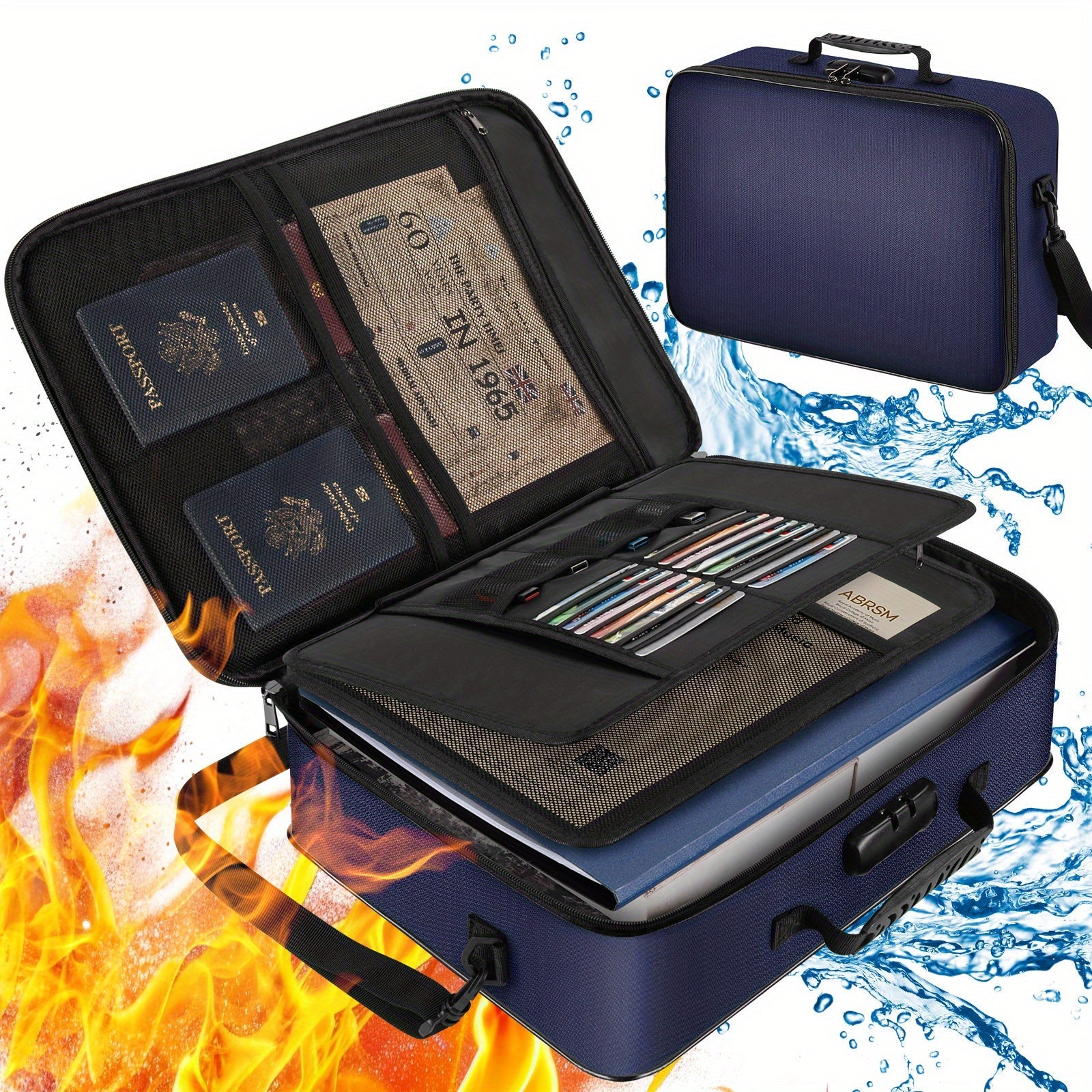 Fireproof Document Bag with Combination Lock - 17x11.8x5 Inch Waterproof File Organizer, 2000¡ãF Fireproof, Multi-Layer Storage for Passport Cash Laptop, 3 Carry Methods, for Travel Home Office, Black/Pink/Blue
