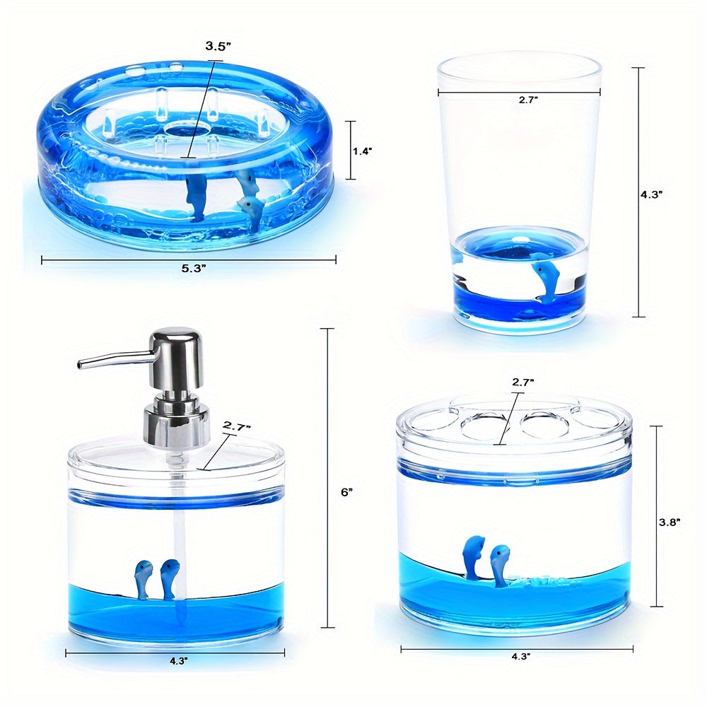 Bathroom Accessory Set 4-Piece 3D Floating Motion Acrylic Liquid Vanity Kit - Tumbler, Toothbrush Holder, Soap Dispenser & Soap Dish, Handcrafted Shell & Leaf Decor, Ocean Dolphin Conch Leaf Styles