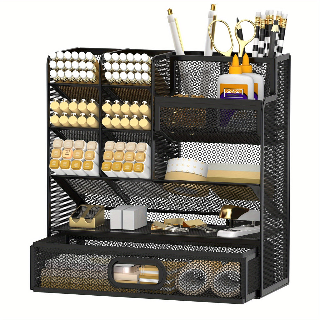 Mesh Desk Organizer with Drawer ¨C Multifunctional Desktop Pen Holder & Office Supply Organizer for Home Office, School & Art Studio ¨C Pencil Cup Caddy with Storage Compartments, Multiple Colors Available