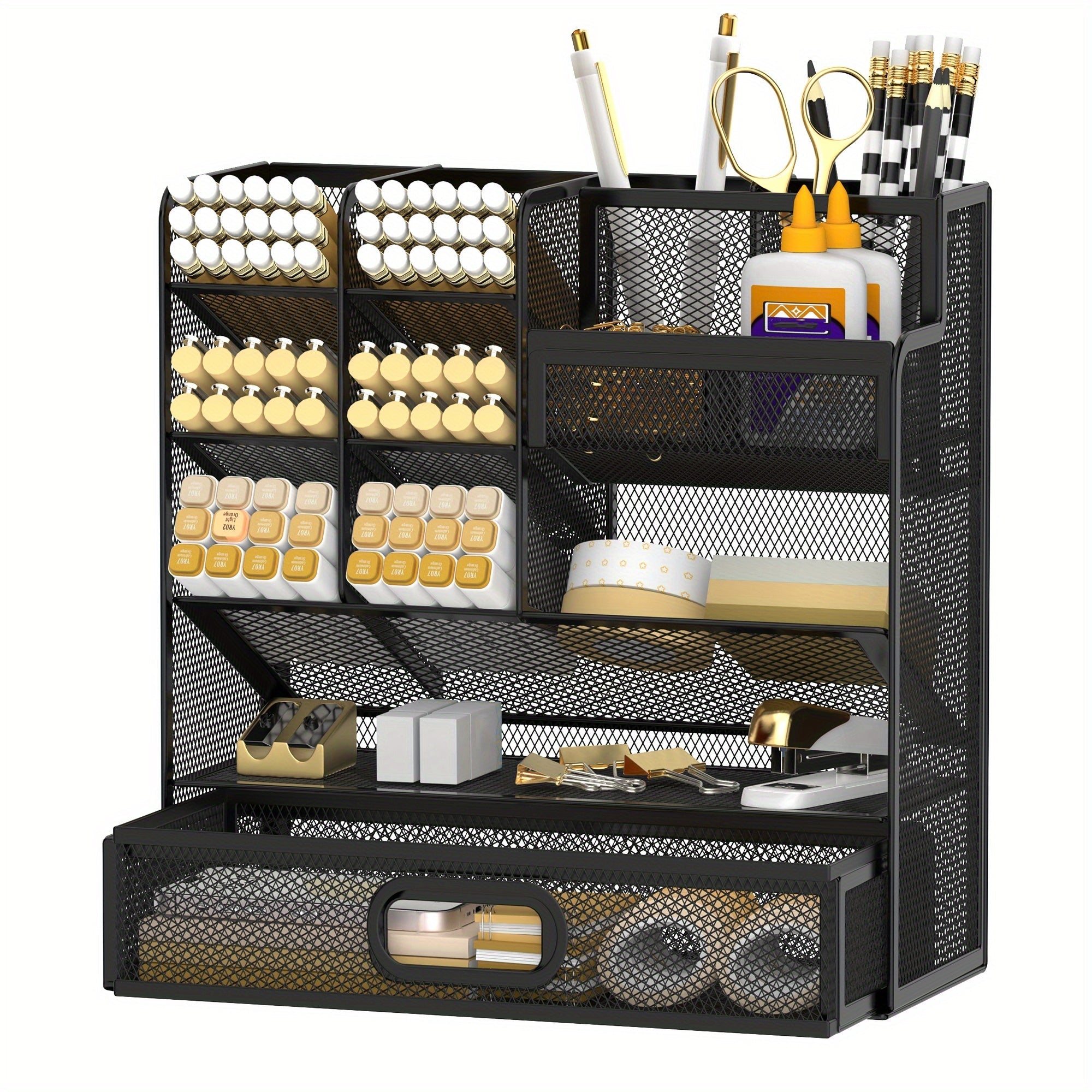 Mesh Desk Organizer with Drawer ¨C Multifunctional Desktop Pen Holder & Office Supply Organizer for Home Office, School & Art Studio ¨C Pencil Cup Caddy with Storage Compartments, Multiple Colors Available