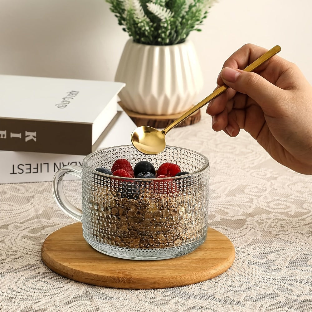Glass Coffee Cups Set of 4 with Bamboo Lids and Spoons 450ml Vintage Embossed Iced Coffee Glasses for Cappuccino Latte Overnight Oats