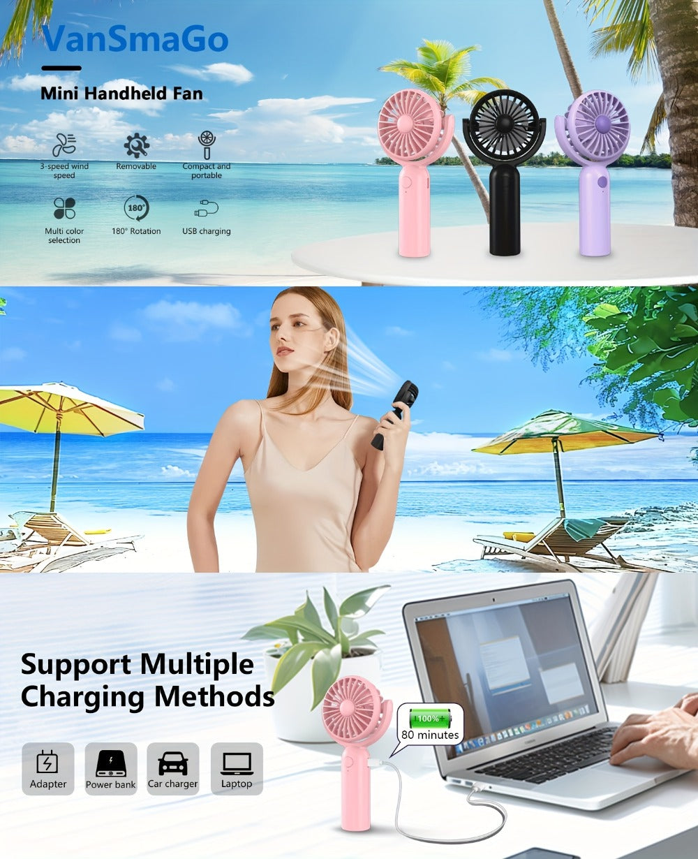 Handheld Fan Mini USB-C Rechargeable 3 Speed 180 Degree Adjustable Portable Personal Fan for Indoor Outdoor Travel Summer Cooling Gift 3 Pack 6 Pack Black Pink Purple