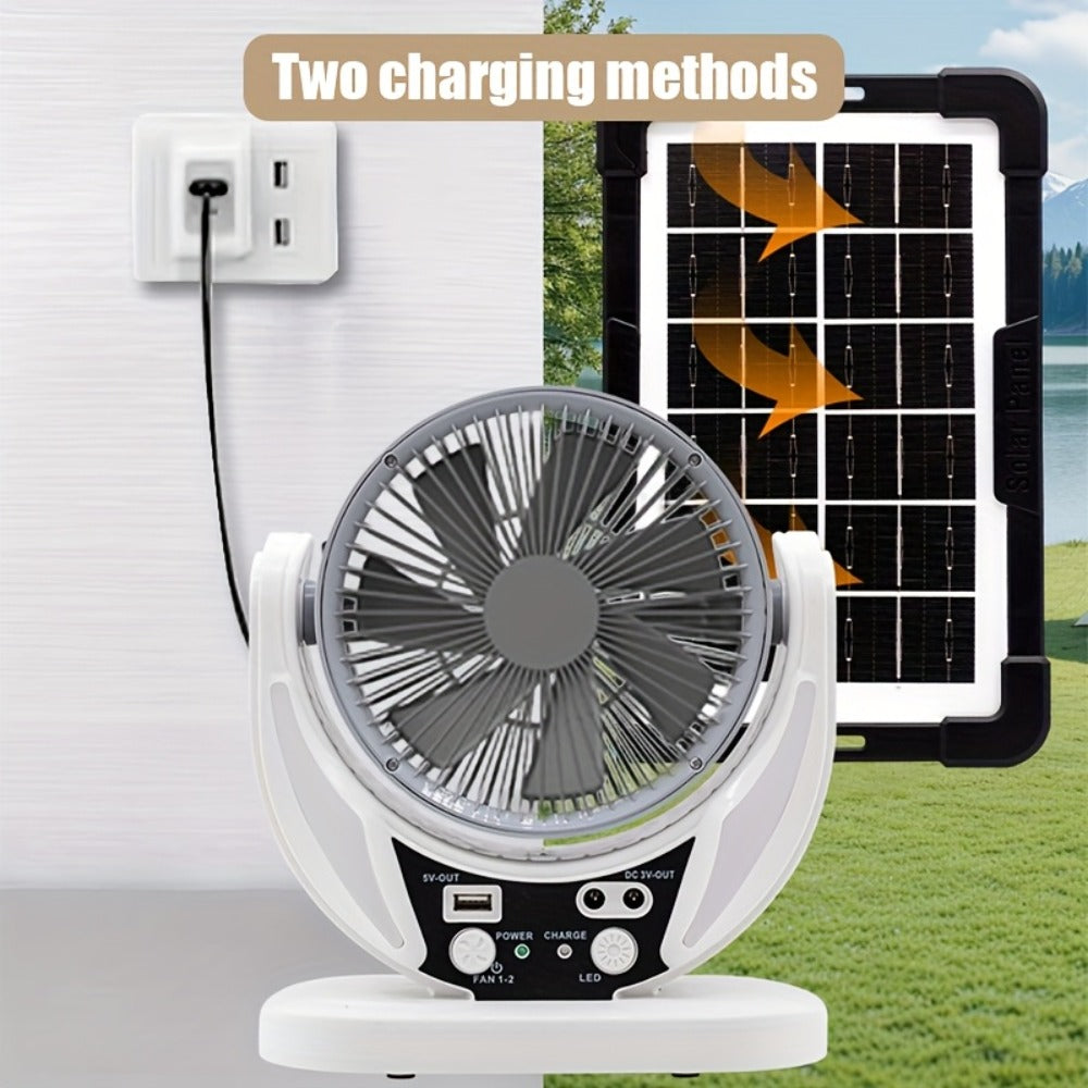 Solar Fan Portable Camping Fan with Solar Panel and USB Charging Adjustable Speed and Angle Phone Charging Function Emergency Power Outage Outdoor Travel Fan