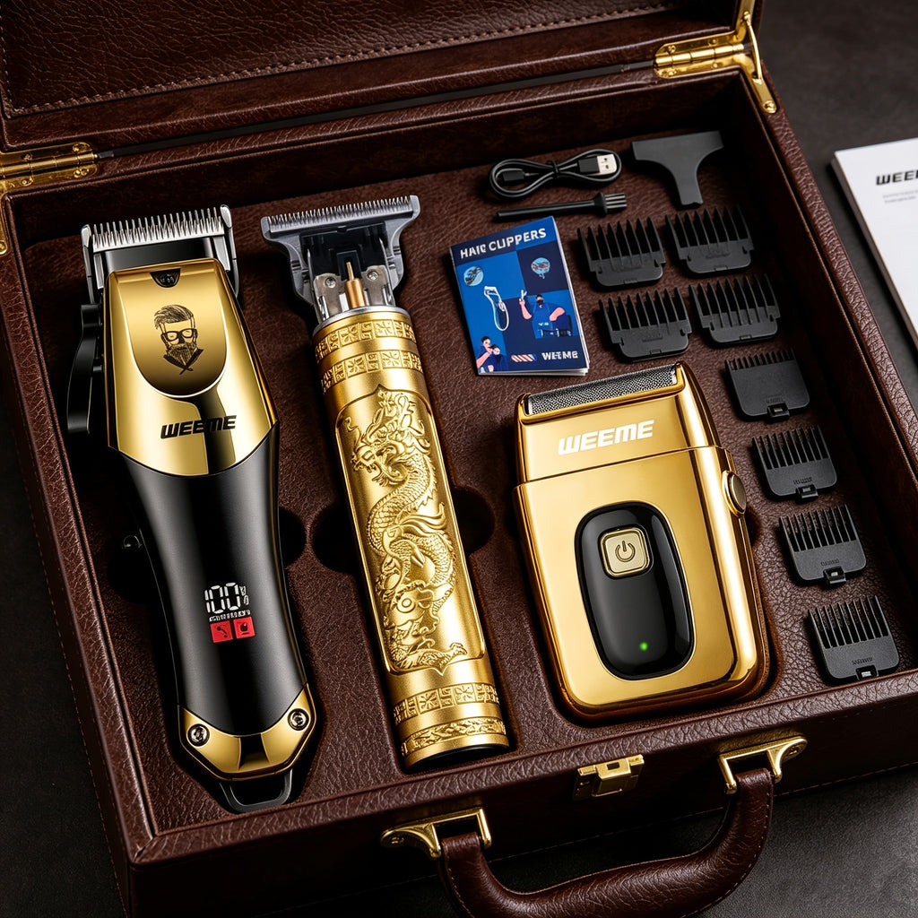 Professional Hair Clipper Set for Men ¨C 3pcs Golden Cordless Kit with Beard Trimmer & T-Blade Trimmer, Hair Cutting & Styling Tools, Ideal Birthday & Father¡¯s Day Gift for Men