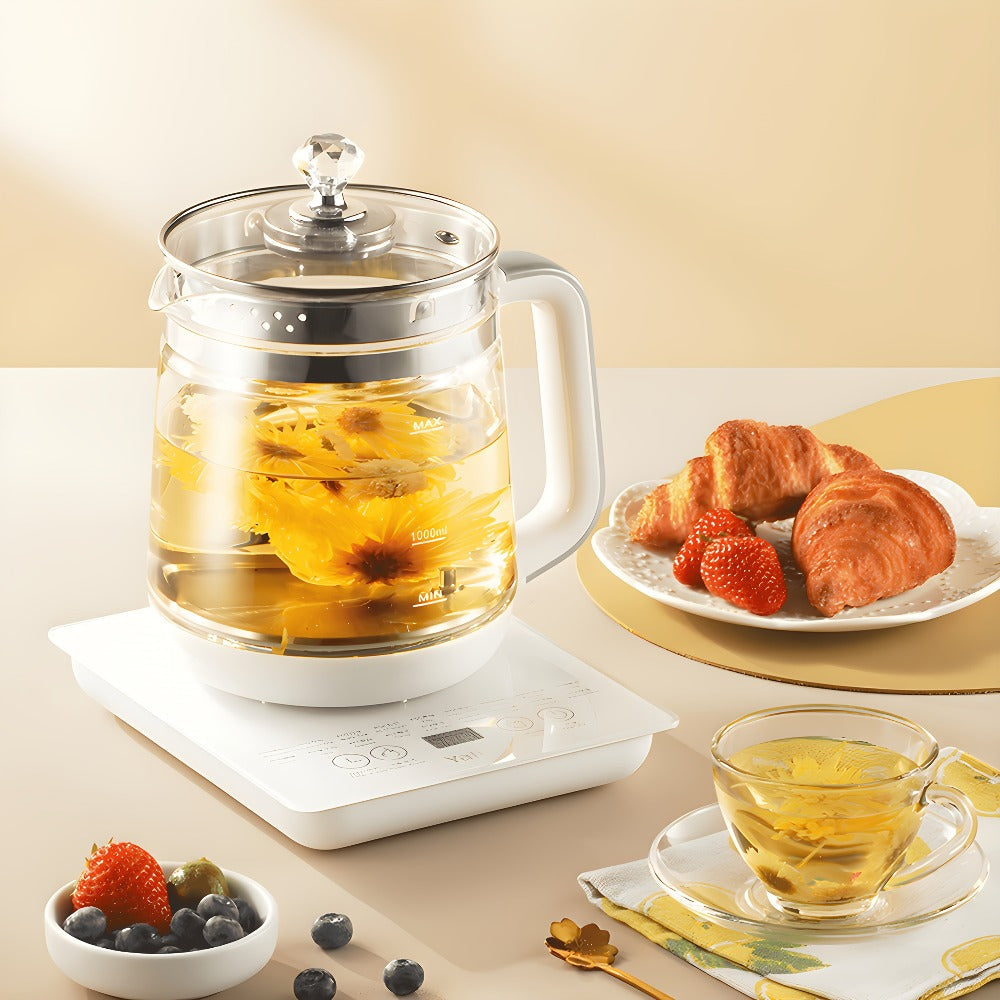 Multifunctional Electric Kettle 1.8L ¨C Thick Glass Health Kettle with 18 Smart Functions, Boil Water, Make Coffee, Cook Porridge & Steam Eggs, Removable Filter, Tea Set Included, US Plug ¨C White