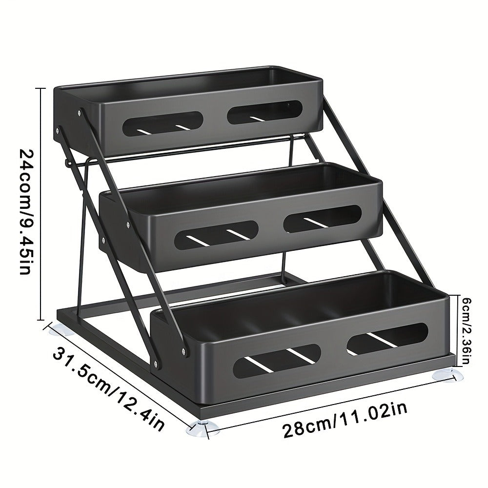 3-Tier Foldable Spice Rack Organizer with Safety Rails - Space-Saving Countertop & Cabinet Storage for Kitchen Pantry, Durable Metal Finish, Sturdy Construction