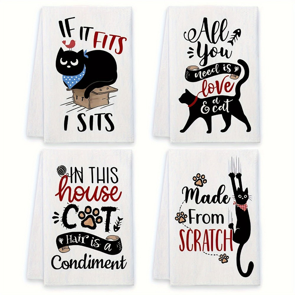 Cat Kitchen Dish Towels 4pcs ¨C Funny Cat Tea Towels for Cat Lovers, Housewarming Gift, Cute Knit Fabric Hand Towels 16x24 Inch