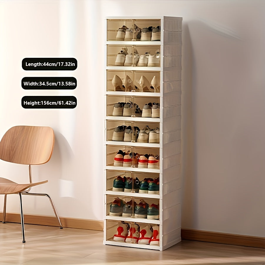 Shoe Rack Organizer 9-Tier, Collapsible Clear Plastic Foldable Stackable Shoe Cabinet with Shelves & Doors ¡ª No Assembly, Space-Saving Narrow Storage for Hallway, Apartment & Small Spaces