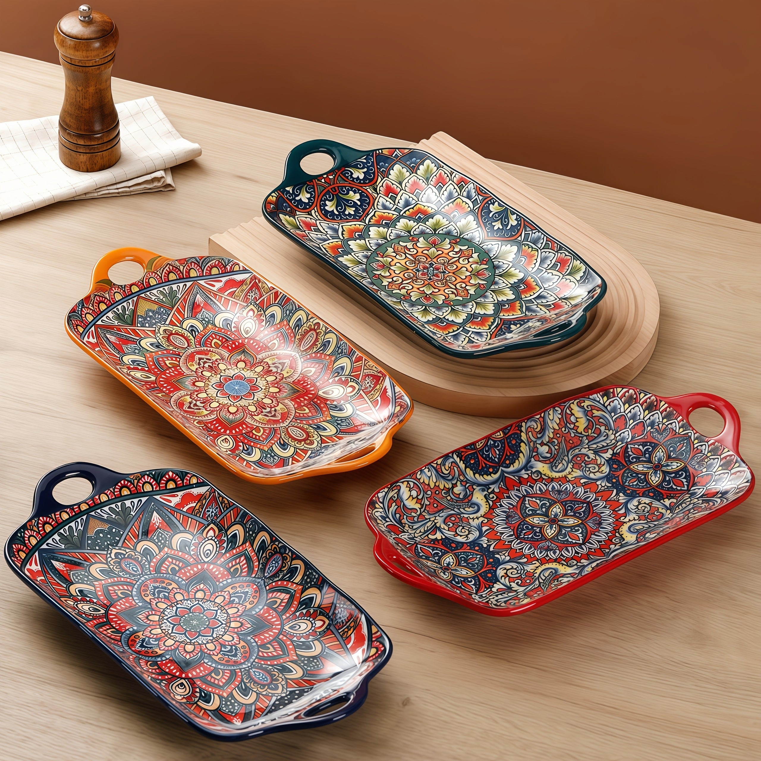 Ceramic Serving Platter Set of 4, Bohemian Rectangular Fish Dish with Double Handles, Baking Tray for Sushi Pasta Desserts Salads Fruits, Ideal for Family Gatherings Picnics Restaurants