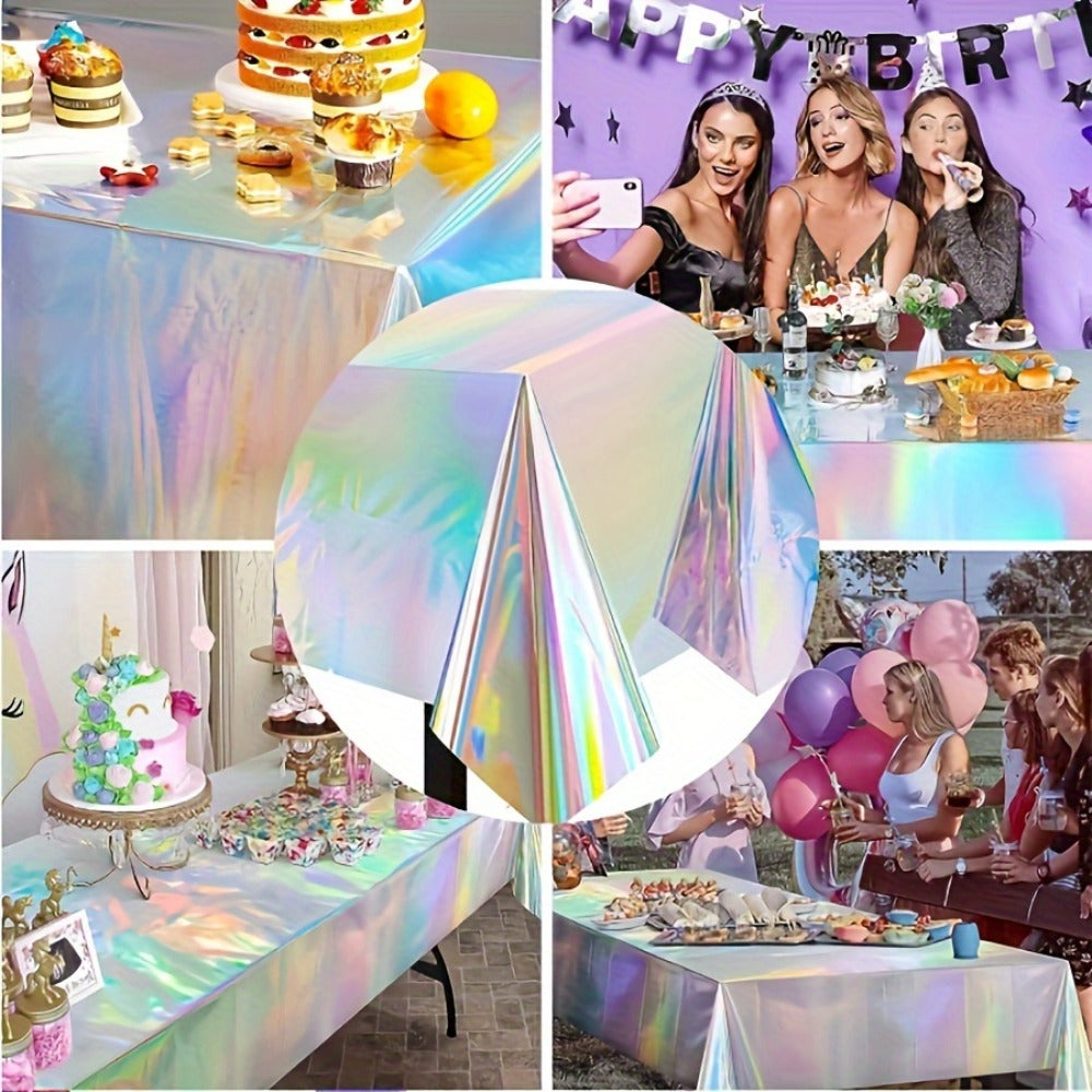 Holographic Rainbow Table Covers 10 Pack - Disposable Foil Tablecloths for Party, Wedding, Birthday & Gender Reveal