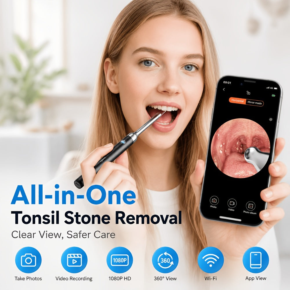 Tonsil Stone Remover with Camera - 1080P HD Visual Tonsil Stone Removal Tool with LED Light, 5-in-1 Stainless Steel Tips, Wi-Fi App Control, USB-C Rechargeable, Compatible with iOS & Android