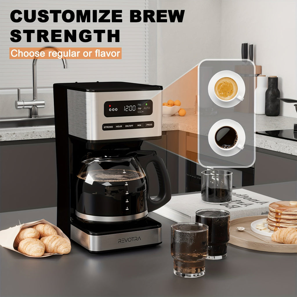 12-Cup Programmable Drip Coffee Maker, Regular & Strong Brew, Iced Coffee Setting, 1-4 Cup Mode, 24H Timer, Auto Shut-Off, Keep Warm, Pause & Serve, Black