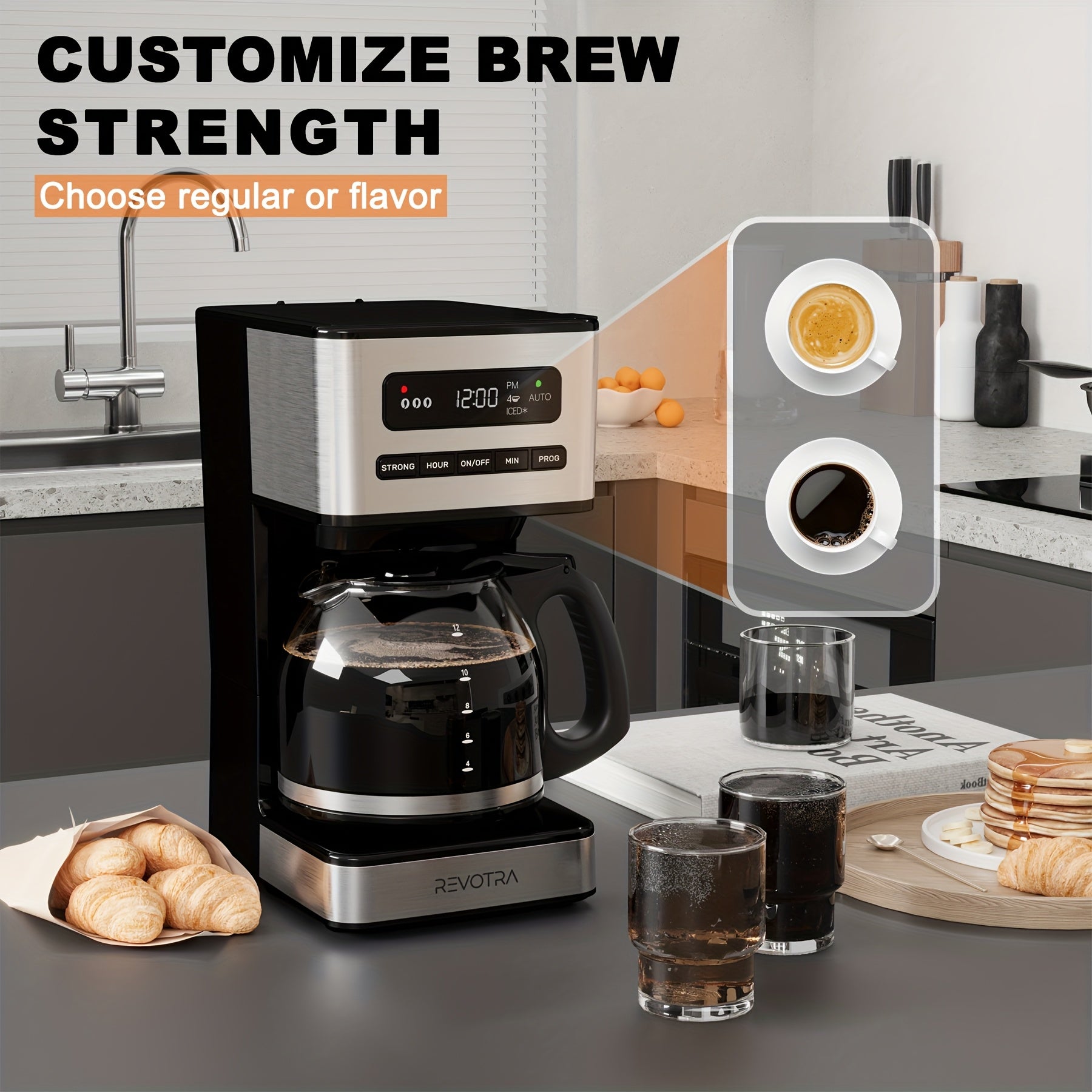 12-Cup Programmable Drip Coffee Maker, Regular & Strong Brew, Iced Coffee Setting, 1-4 Cup Mode, 24H Timer, Auto Shut-Off, Keep Warm, Pause & Serve, Black