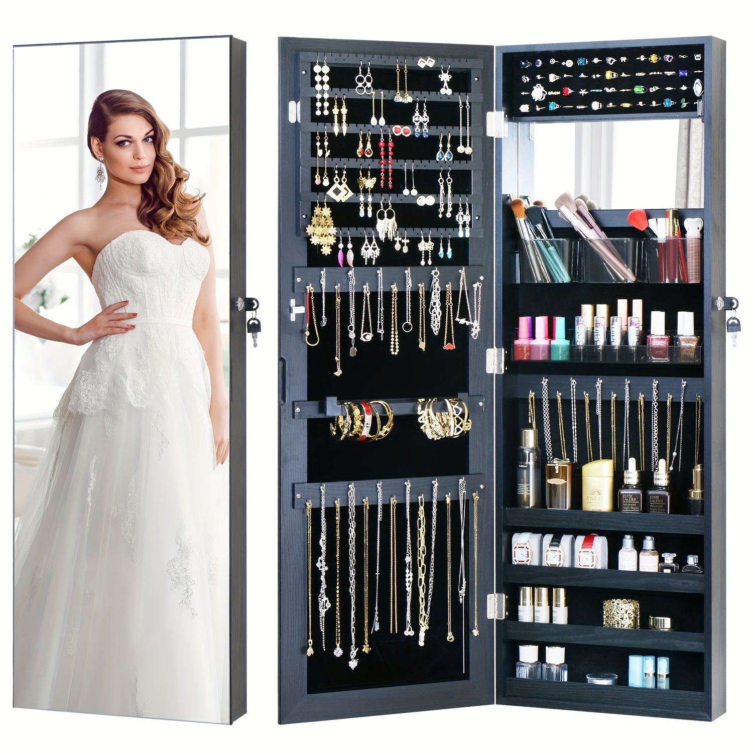 Full Length Mirror Jewelry Armoire Cabinet, 2-in-1 Lockable Over the Door Mirror with Jewelry Storage, Makeup Organizer with Baskets Bins & Hooks, Bedroom Vanity Jewelry Cabinet in Black White Brown