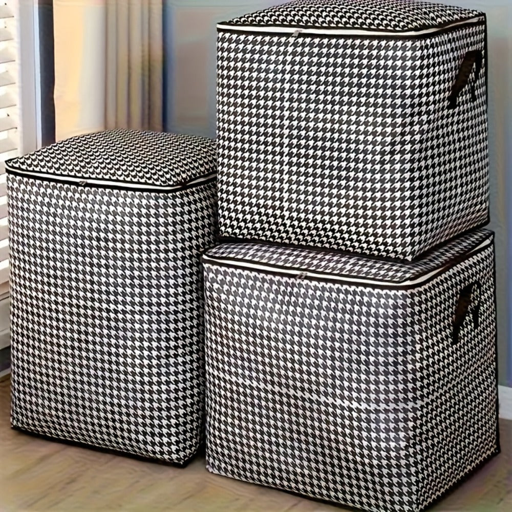 Large Storage Bags Houndstooth Non-Woven Fabric Organizer with Double Zipper & Handles ¨C 160L/180L Dustproof Foldable Storage Box for Bedroom, Closet, Moving, Travel & Dorm, 1pc or 3pcs Set