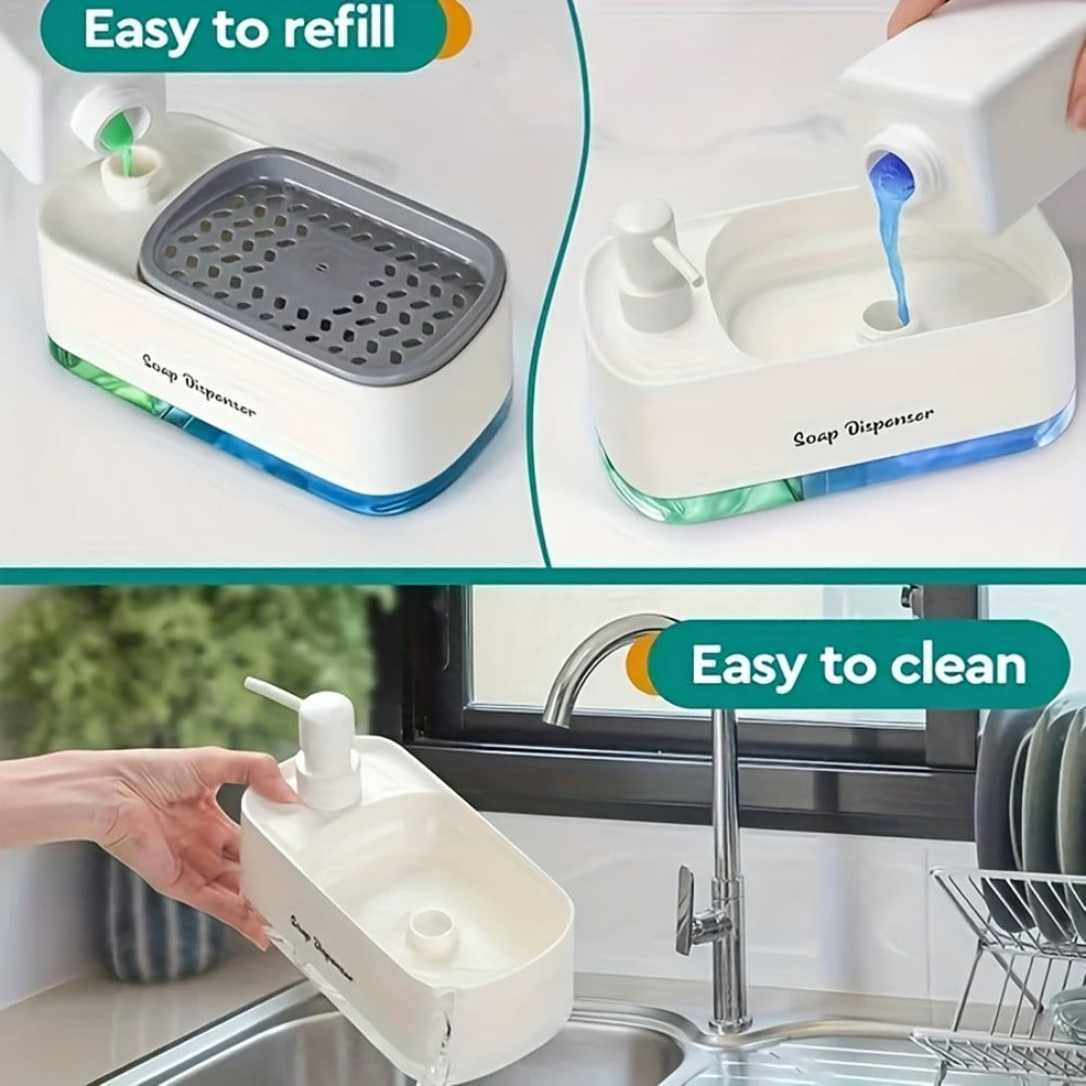 Soap Dispenser with Sponge Holder 2-in-1 - Countertop Dish Soap Pump Dispenser and Sponge Caddy for Kitchen Sink, Multi-Functional Detergent Dispenser with Built-In Sponge Holder, Available in White and Black Upgraded Version