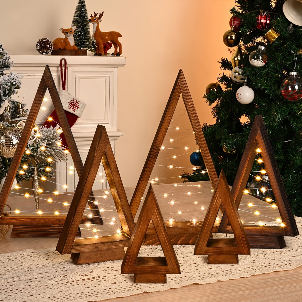 Wooden Light-Up Desktop Christmas Trees USB Powered - Mini Lighted Wood Tree Set for Holiday Decoration, Home & Office Desk, Shelf Display & Room Decor, Reusable Indoor Gift, Set of 2/3/4/5/6