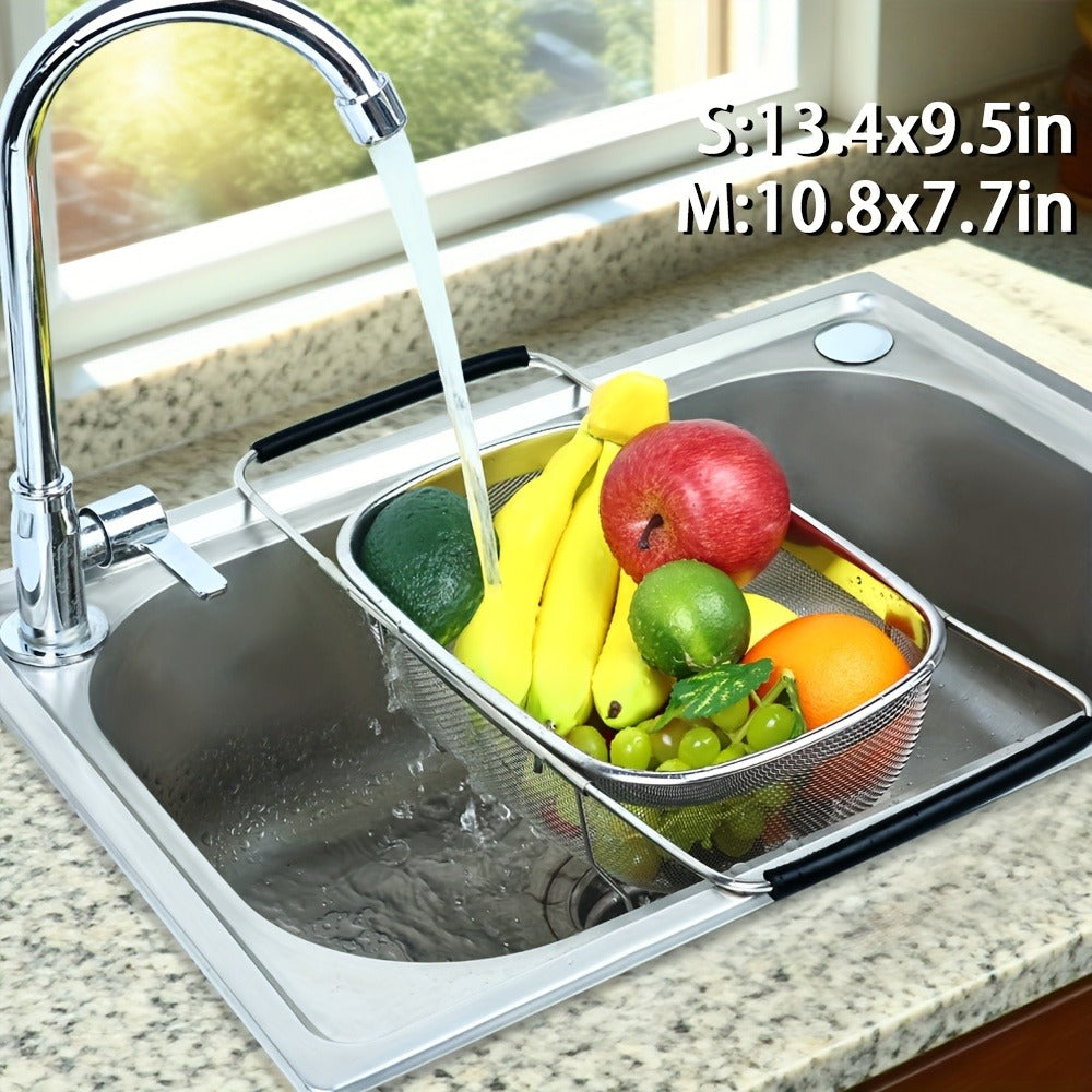 Expandable Sink Colander Stainless Steel ¨C Over the Sink Strainer Basket with Fine Mesh & Rubber Grip, Adjustable Kitchen Drain Strainer for Vegetables, Fruits & Pasta, Small & Large Size