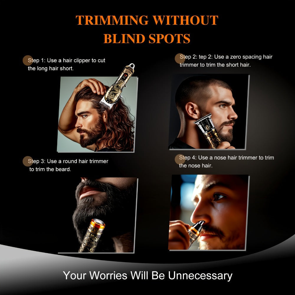 4-in-1 Men's Grooming Kit - Dragon Engraved Hair Clipper, T-Blade Trimmer, Nose Groomer & Shaver, 6000 RPM Motor, USB Rechargeable, LED Battery Display, Perfect Gift for Men