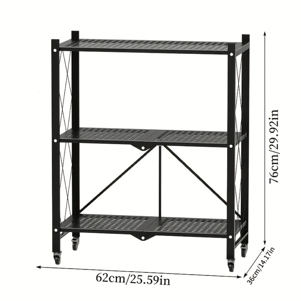 Rolling Storage Rack with Wheels 3 4 5 Tier Folding Shelving Unit No Assembly Required, Freestanding Metal Shelf Organizer for Kitchen Living Room Garage Office Basement, Black White