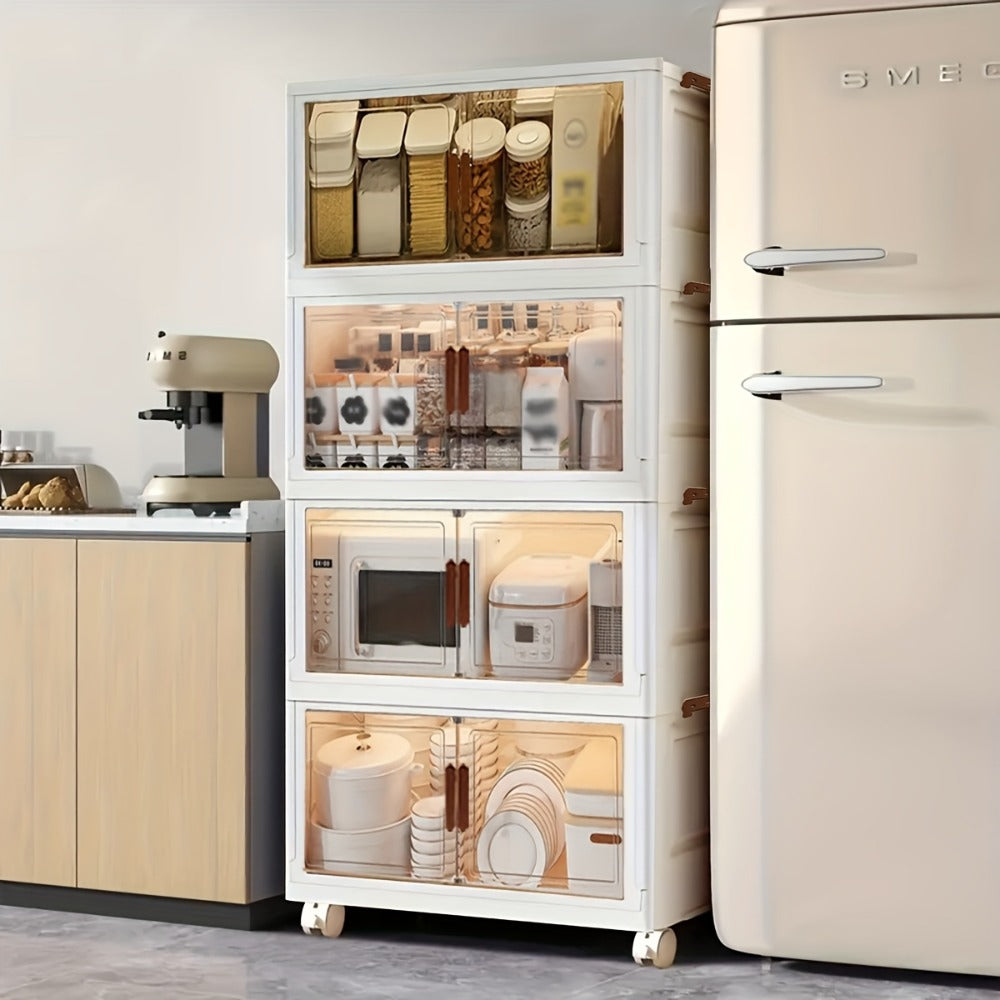Stackable Storage Cabinet with Doors and Wheels | Collapsible Plastic Locker 1-5 Layers Large Capacity Home Organization for Bedroom Living Room Kitchen Easy Assembly Space Saving