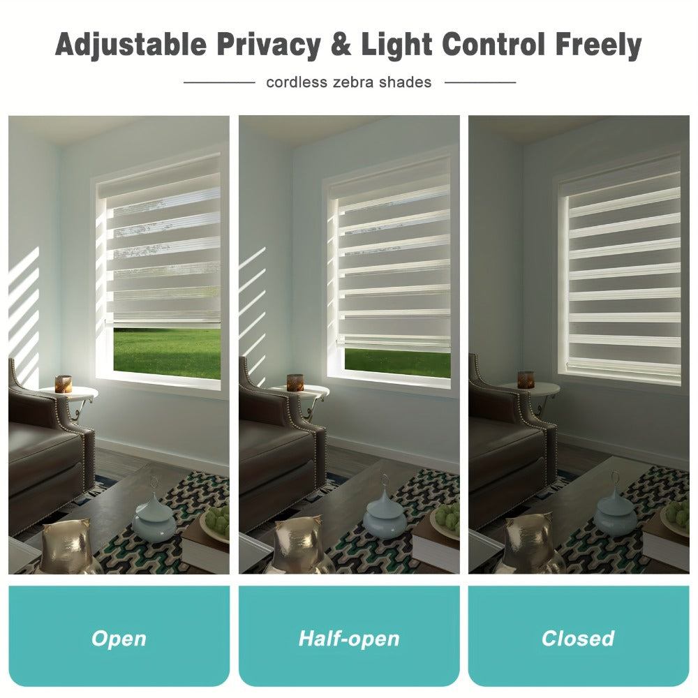 Cordless Zebra Roller Shade with Valance ¨C Day Night Window Blind, Light Filtering Dual Layer Window Treatment Mesh Opaque Fabric