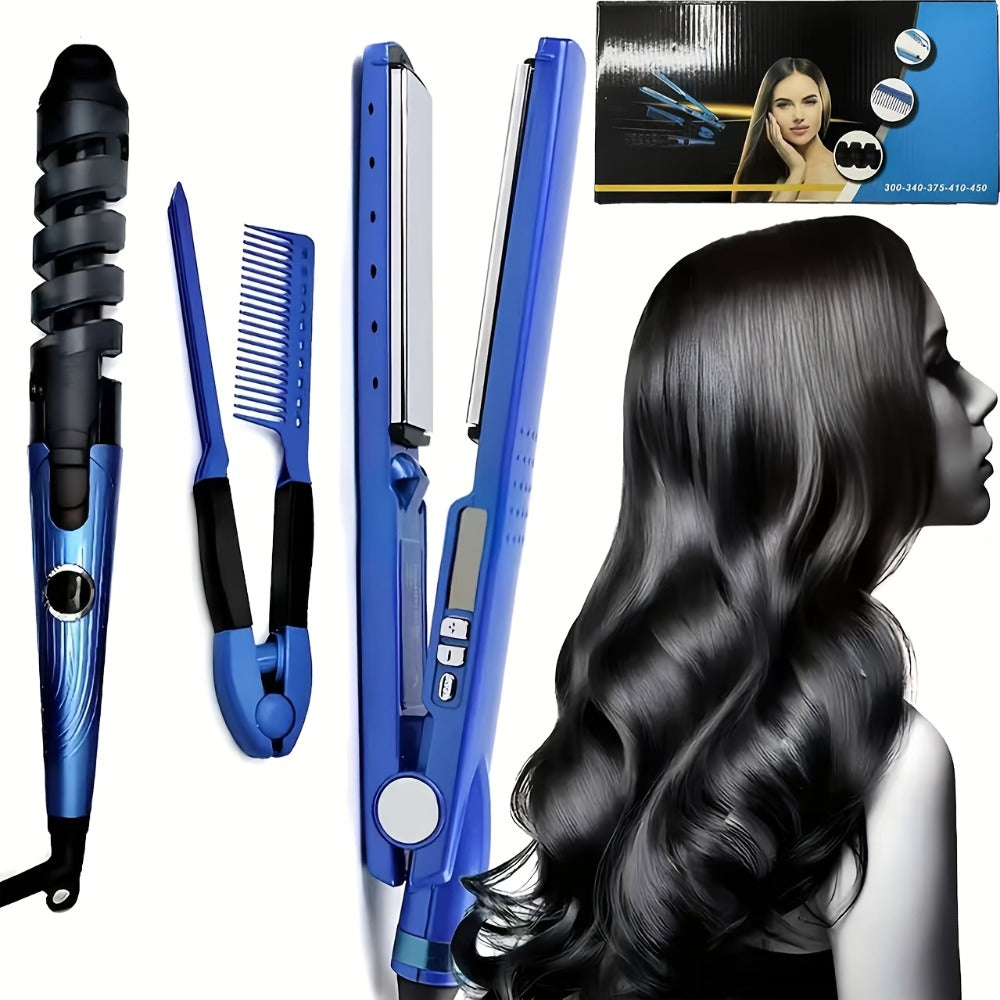 3-in-1 Hair Styling Set Flat Iron Curling Iron & Styling Comb, Anti-Scald Hair Straightener & Curler for Big Waves Straight Hair Curls, Professional Hair Tools Gift for Women, Mother's Day Birthday