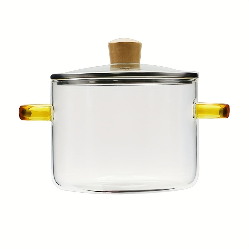 Glass Cooking Pot 54oz 1600ml Borosilicate Heat-Resistant with Lid ¨C Transparent Dumpling & Ramen Pot for Stove & Oven | Odorless Easy-Clean Soup Milk Pot with Green or Yellow Stainless Steel Handle