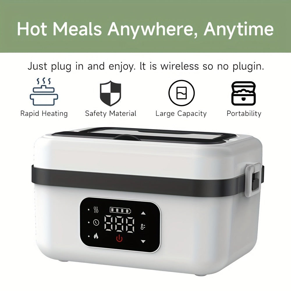 Wireless Heated Lunch Box 8000mAh Battery Powered - 60W Electric Food Warmer 1L Stainless Steel with Smart Timer 8 Settings and Power Bank Function, Portable Lunch Heater for Office Car Truck and Travel, BPA-Free with Fork Spoon and Insulated Bag