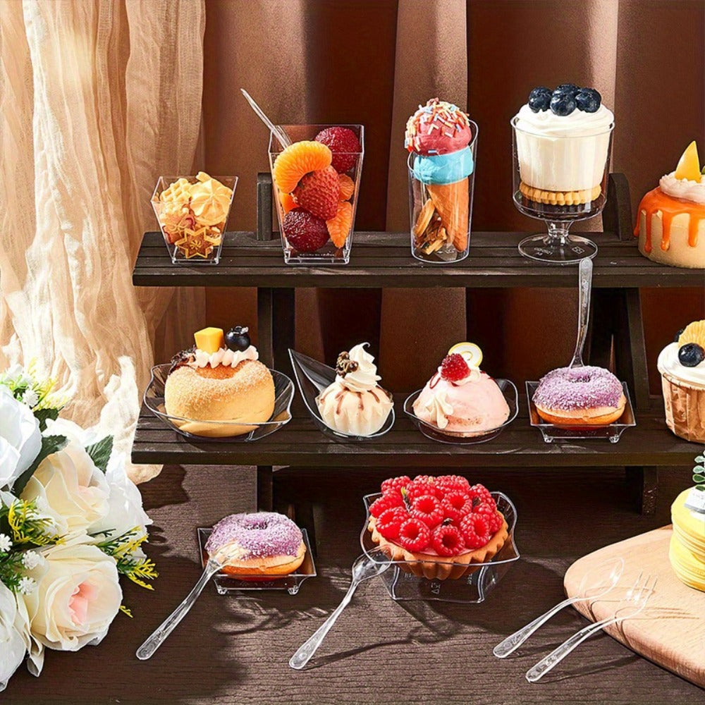 Disposable Tableware Set 400pcs Clear Dessert Plates Cups Forks Spoons Party Supplies for Festival Birthday Wedding Home Includes 100 Each Plates Cups Forks Spoons