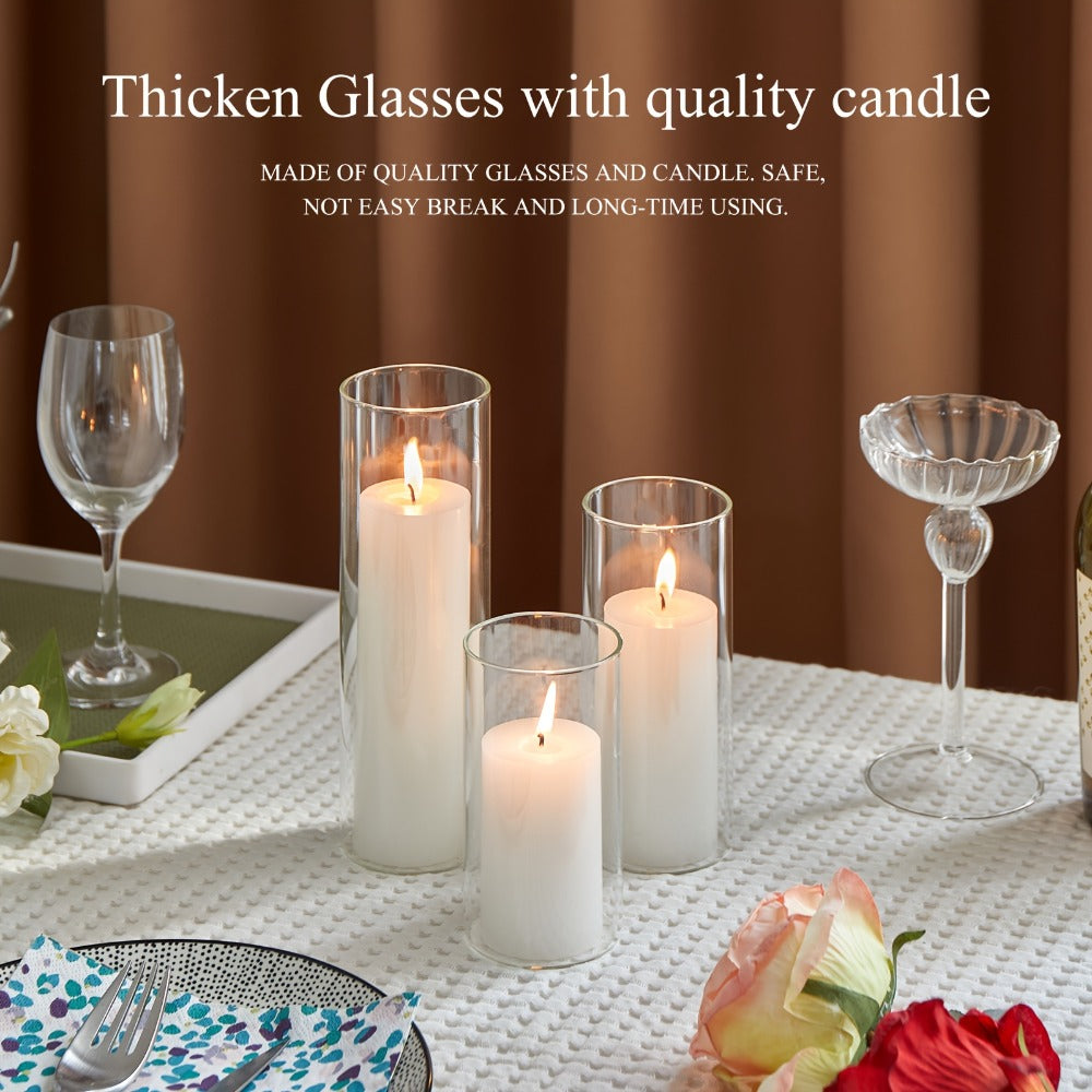 Pillar Candles with Clear Glass Hurricane Holders ¨C Unscented White Cylinder Candles & Vases for Wedding Centerpieces, Party Tables, Home & Office Decor, Bulk Set 24 or 48 Pieces