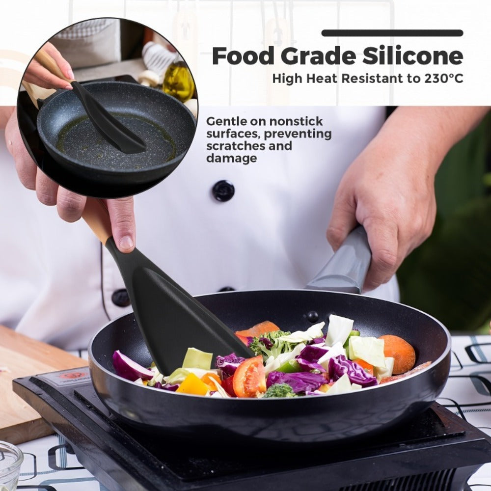 Silicone Cooking Spoon with Wooden Handle 12 Inch - Heat Resistant Nonstick Safe Kitchen Spoon for Cooking Serving Mixing Scraping, BPA Free Silicone Utensil, Black, 2 or 4 Pack