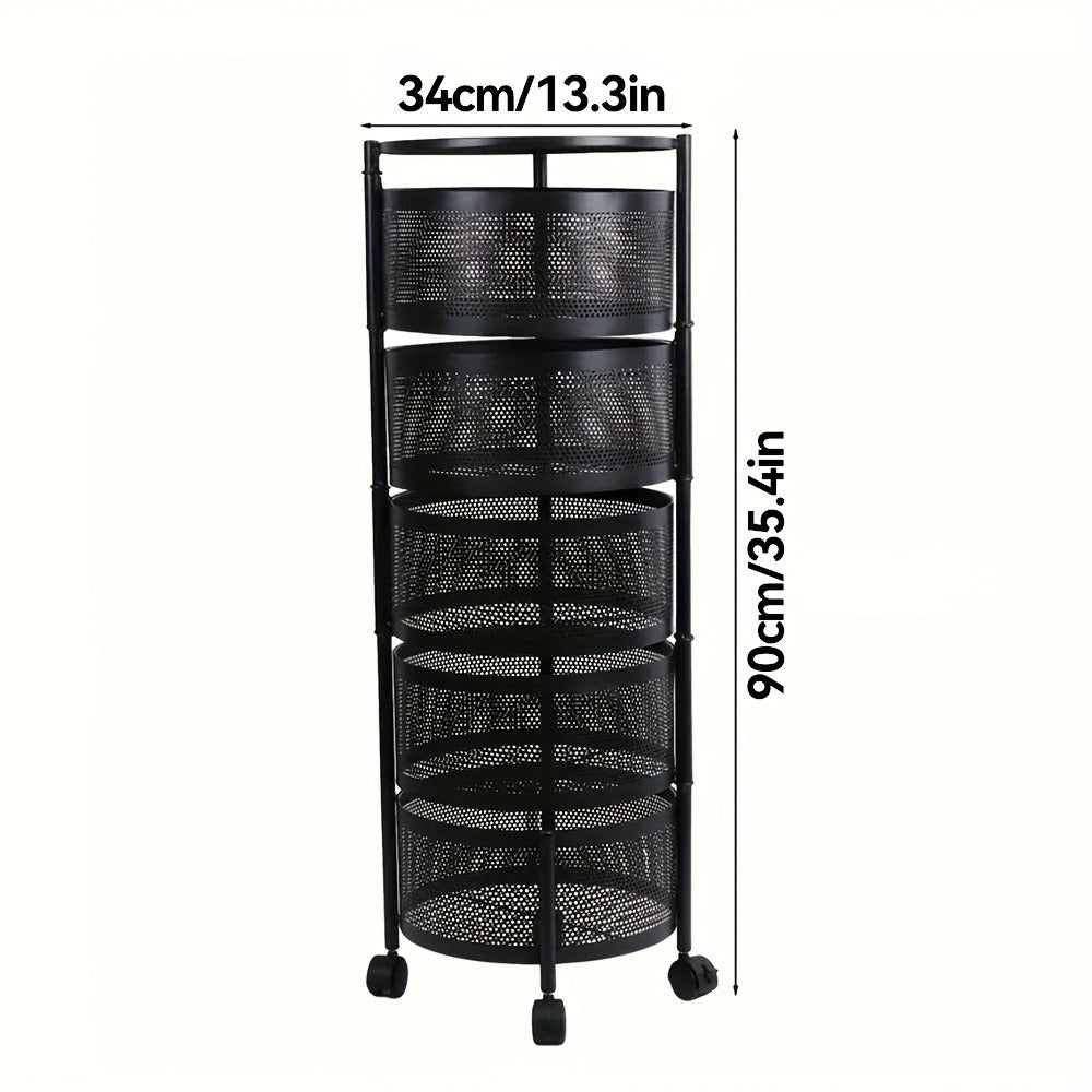Rotating Storage Rack Multi-Tier Rolling Cart ¨C 360¡ã Swivel Round Floor Standing Organizer with 4 or 5 Layers, Vegetable Basket & File Rack for Kitchen, Bathroom, Office & Living Room (Black / White)