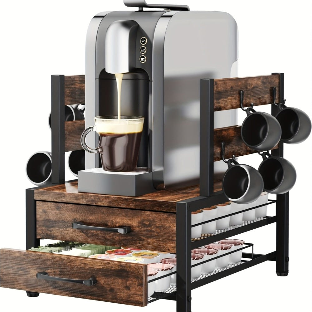 Coffee Pod Holder and Mug Rack - K Cup Capsule Organizer 70 Capacity Single Double Layer Coffee Machine Stand Countertop Storage | Rustic Brown | Kitchen Coffee Bar Organizer Gift