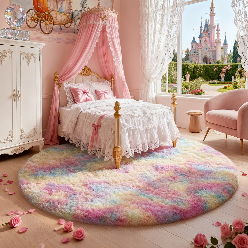 Round Area Rug Soft Shaggy Plush Circle Rug Non-Slip Indoor Floor Mat for Living Room Bedroom Dorm Tie Dye Rainbow Multi-Color Multi-Size