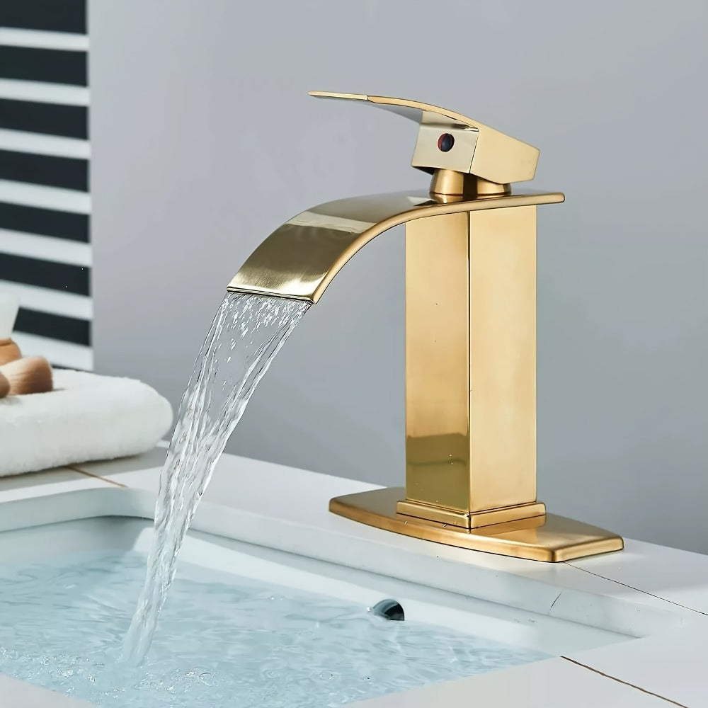 Waterfall Bathroom Sink Faucet, Single Hole or 3-Hole Mixer Tap with 6¡± Deck Plate, Ceramic Valve, Vanity Faucet for Farmhouse RV Bathroom, Brushed Gold Matte Black Nickel Chrome