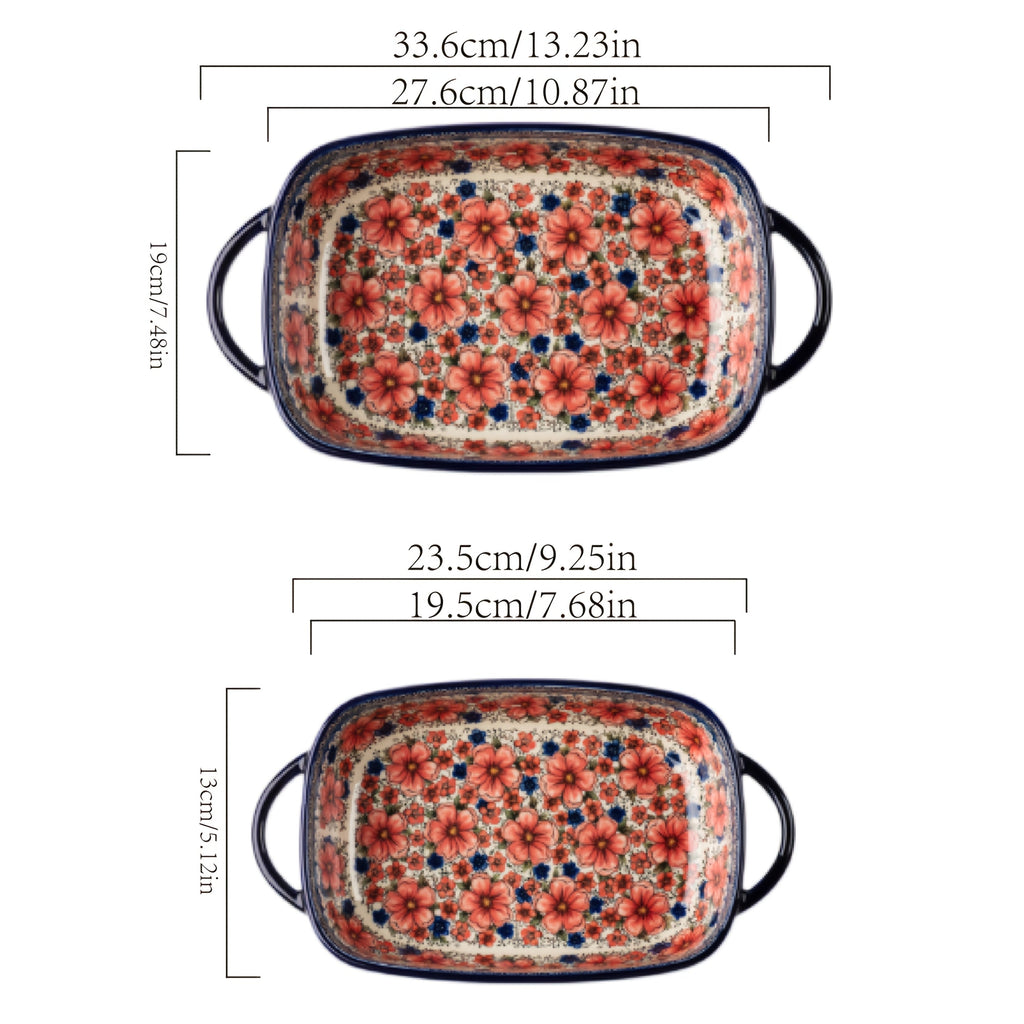 Ceramic Baking Dish Set of 2 Large 13 Inch Rectangular Casserole Dish Porcelain Bohemian Bakeware for Lasagna Roasting Casseroles Oven Safe Red Blue Yellow