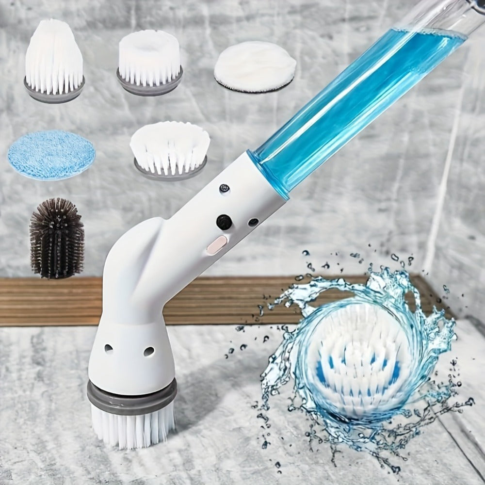 Electric Spin Scrubber Cordless Rechargeable - Adjustable Handle with 6 Brush Heads, All-Purpose Power Scrubber for Bathroom, Kitchen, Tile, Shower, Tub & Car, Time-Saving Cleaning Tool, White