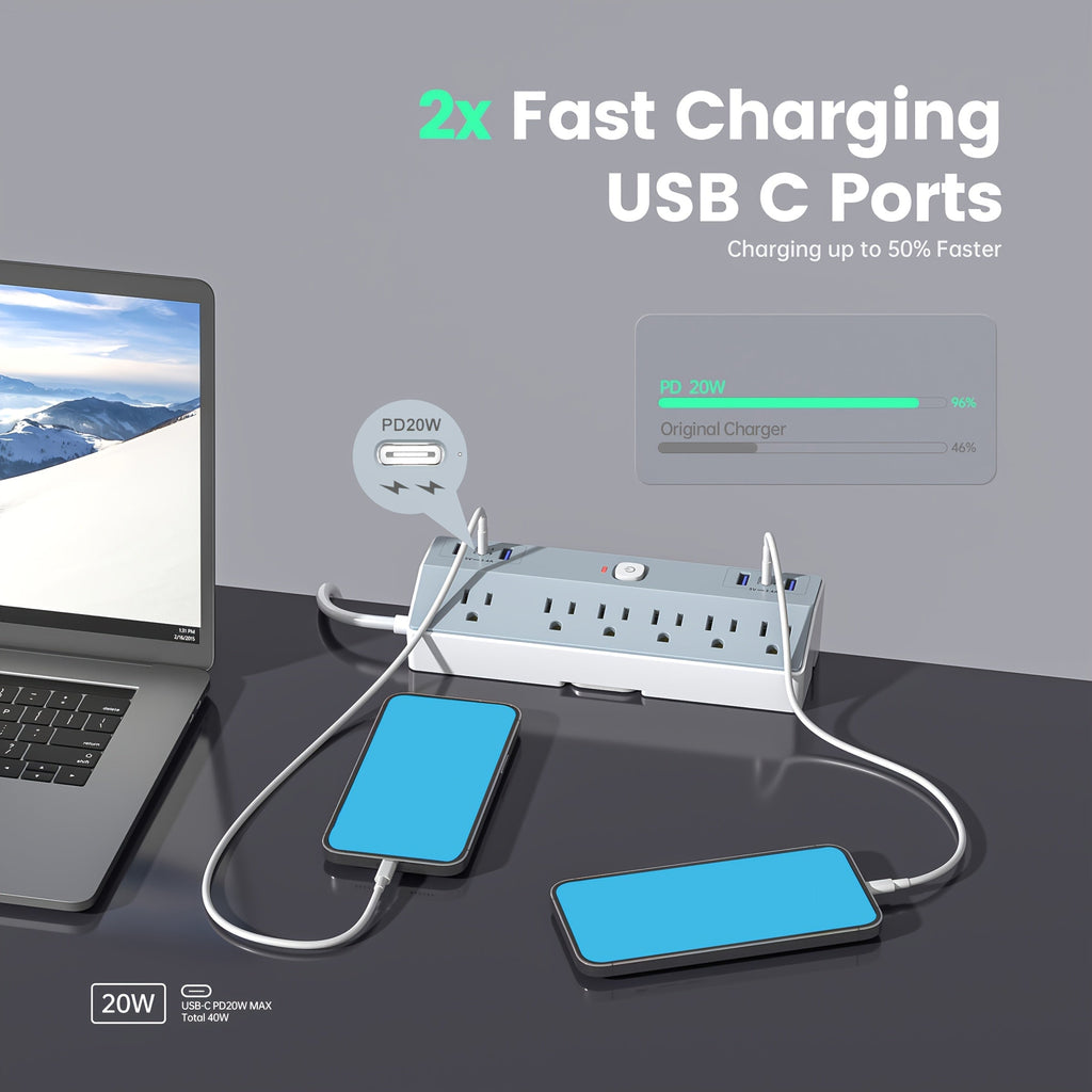 Desk Clamp Power Strip 12-in-1 Surge Protector with 6 Outlets 4 USB-A 2 USB-C PD 20W 40W Fast Charging Desktop Mount Flat Plug for Home Office Tabletop